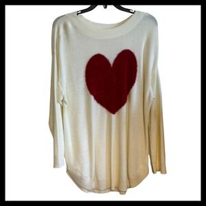 Song N Spirit Cream Red Heart Fuzzy Velour Long Sleeve Sweater Women's XL